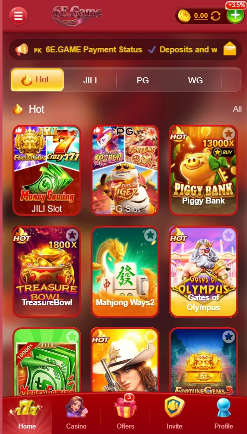 6E Game mobile version interface with rewards and deposit options