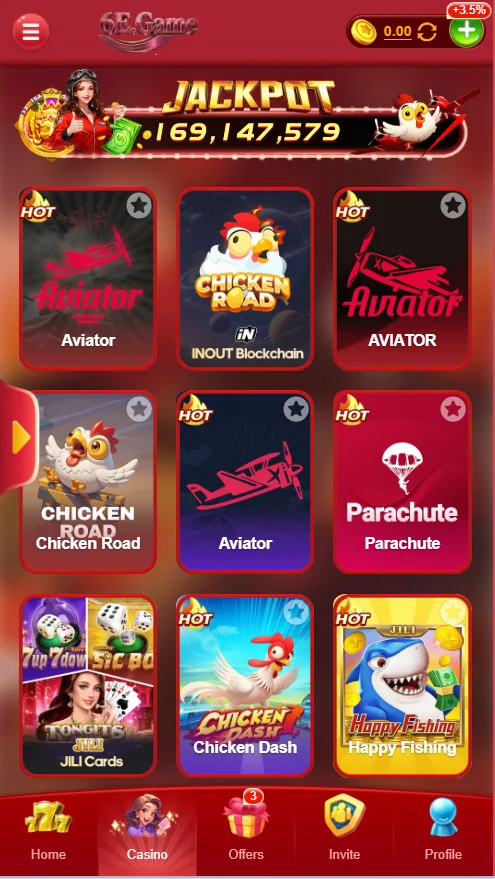 2. 6E Game earning app dashboard showing wallet balance and bonus section