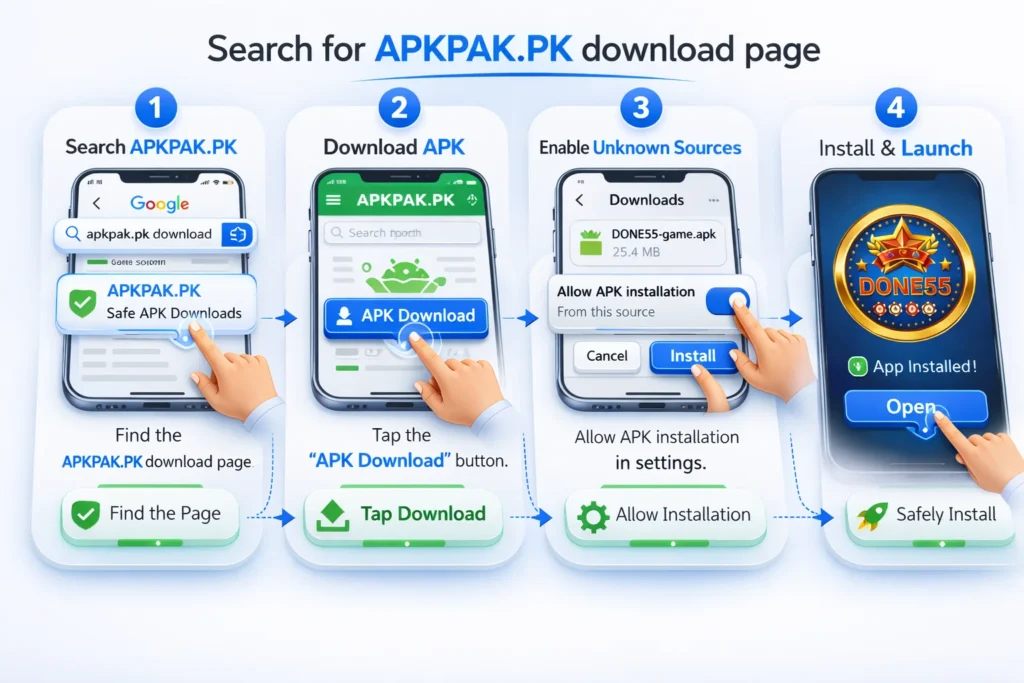 done55 game APK download and installation steps on Android device.