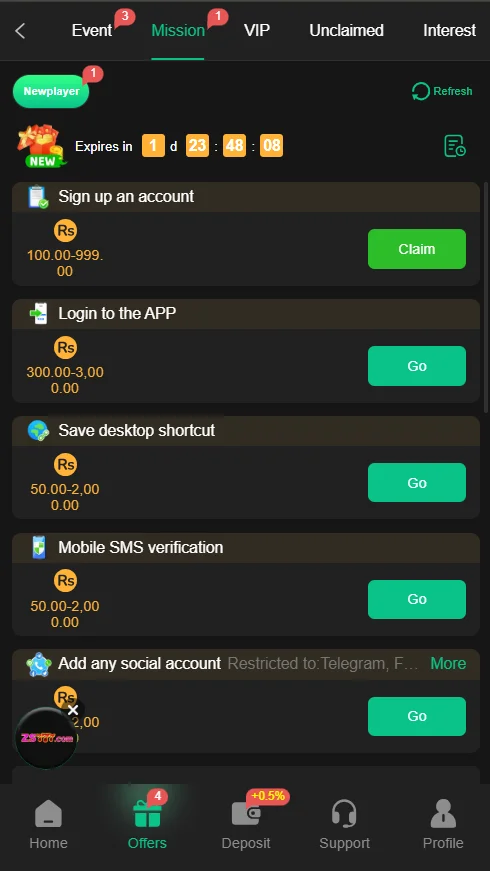 BV999 Game mission and rewards section interface