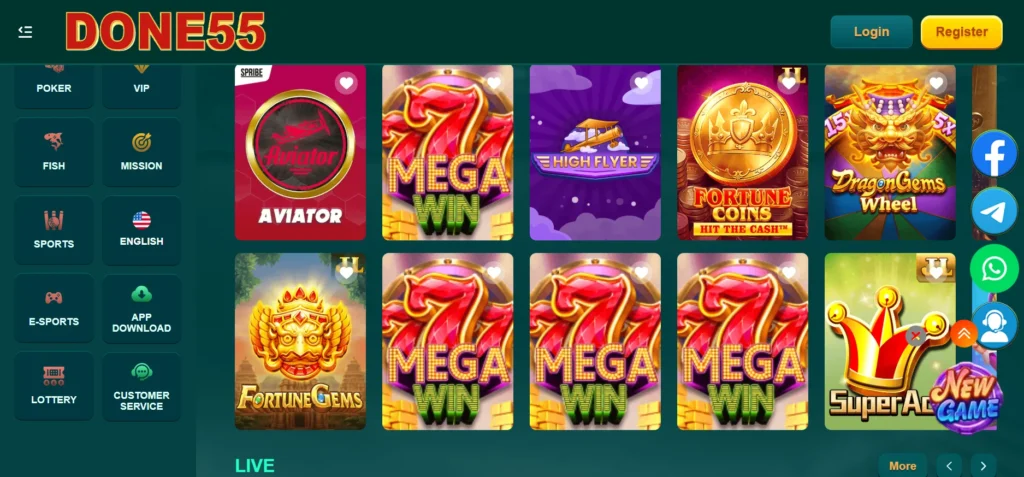 done55 game dashboard interface after registration.