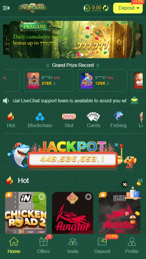 pk8 game interface after login