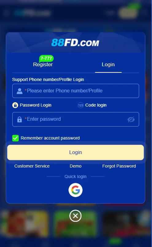 log in and registration interface of 88fd game