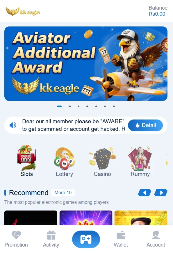 kkeagle game interface after login