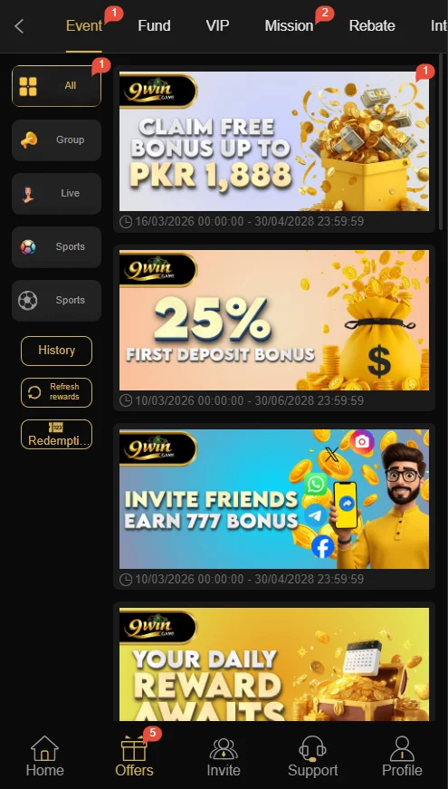 9win game bonuses and rewards
