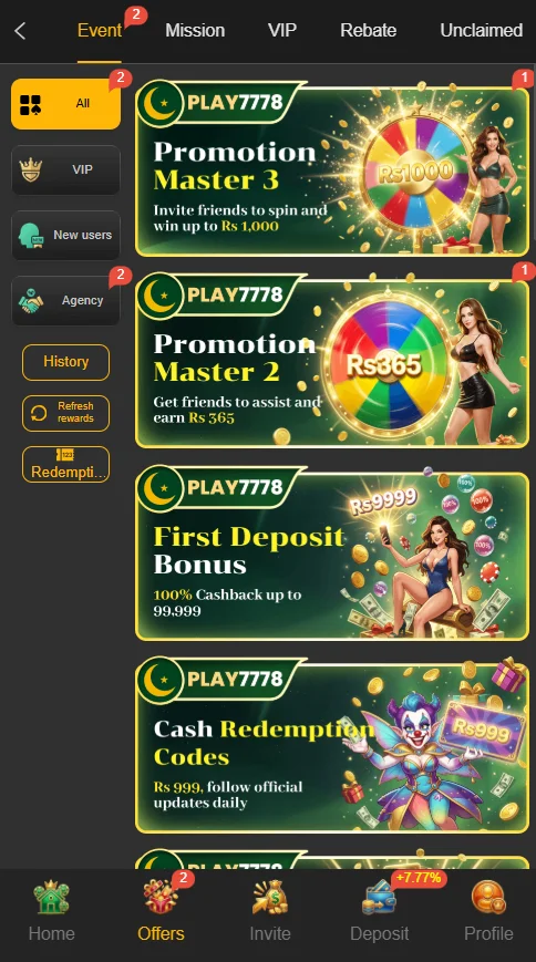 rewards and bonuses section in play7778 game