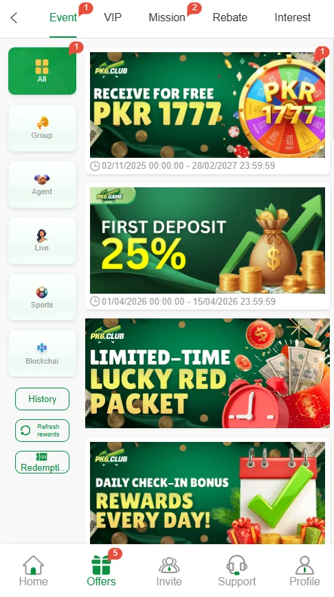 bonuses and rewards center in pk6 game