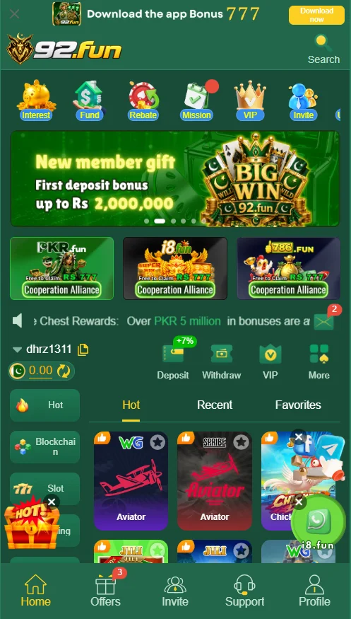 92Fun Game main dashboard showing games categories menu