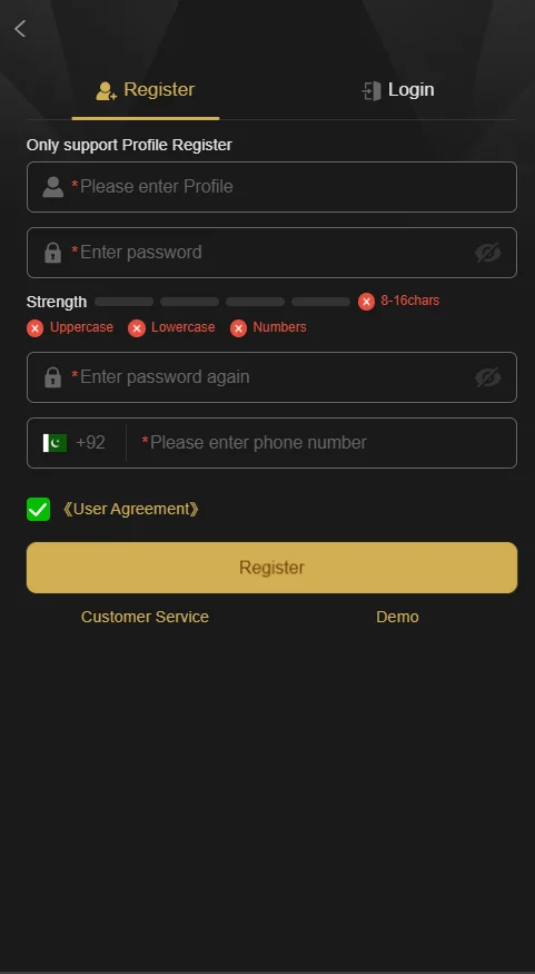 register and login interface of 87p game